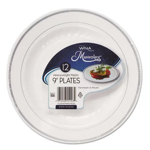 Masterpiece Plastic Plates, 9 In, White W-Silver Accents, Round, 120-Carton 1