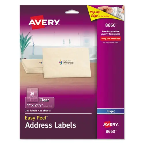 Matte Clear Easy Peel Mailing Labels W- Sure Feed Technology, Inkjet Printers, 1 X 2.63, Clear, 30-Sheet, 25 Sheets-Pack 1