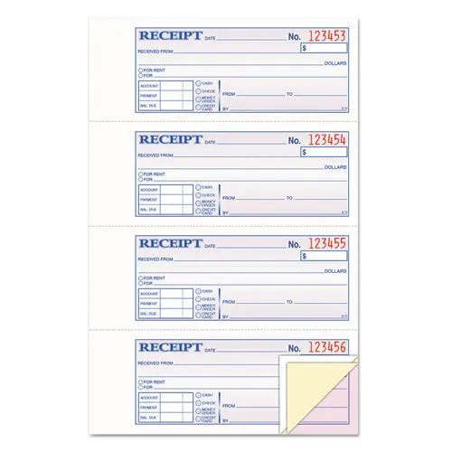 Money-Rent Receipt Books, 2-3-4 X 7 1-8, Three-Part Carbonless, 100 Sets-Book 1