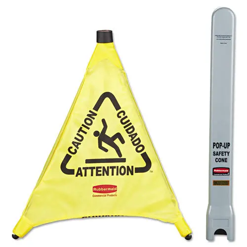 Multilingual "Caution" Pop-Up Safety Cone, 3-Sided, Fabric, 21 X 21 X 20, Yellow 1