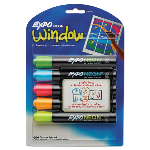 Neon Windows Dry Erase Marker, Broad Bullet Tip, Assorted Colors, 5-Pack 1