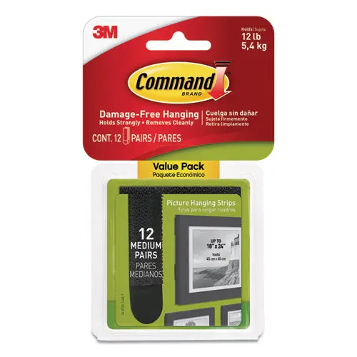 Picture Hanging Strips, Value Pack, Medium, Removable, 0.75" X 2.75", Black, 12 Pairs-Pack 1