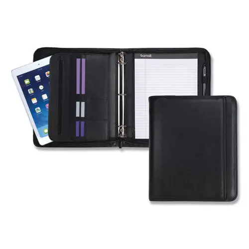 Professional Zippered Pad Holder-Ring Binder, Pockets, Writing Pad, Vinyl Black 1