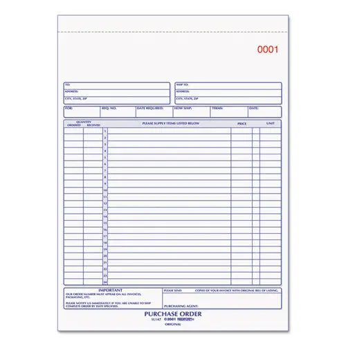 Purchase Order Book, 8 1-2 X 11, Letter, Three-Part Carbonless, 50 Sets-Book 1