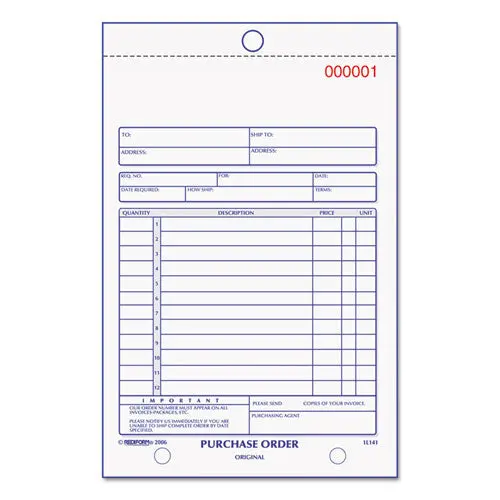 Purchase Order Book, Bottom Punch, 5 1-2 X 7 7-8, 3-Part Carbonless, 50 Forms 1