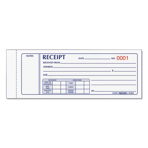 Receipt Book, 7 X 2 3-4, Carbonless Triplicate, 50 Sets-Book 1