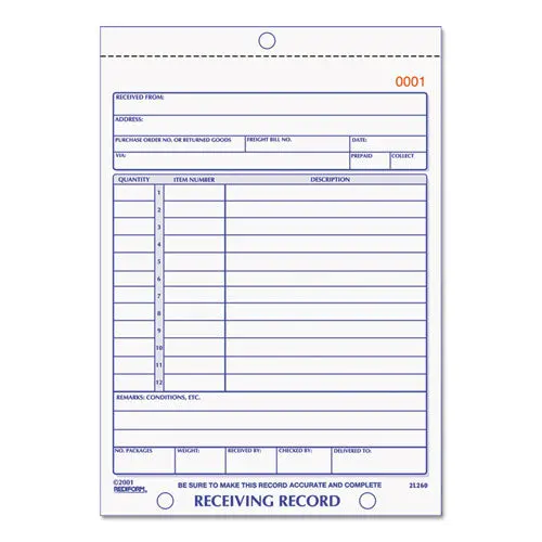 Receiving Record Book, 5 9-16 X 7 15-16, Three-Part Carbonless, 50 Sets-Book 1