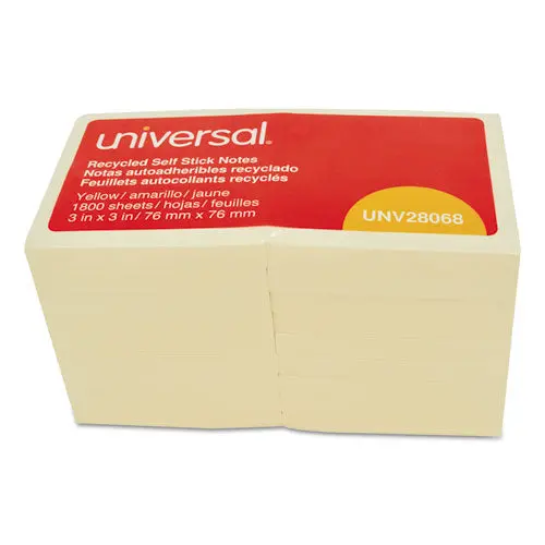 Recycled Self-Stick Note Pads, 3 X 3, Yellow; 100-Sheet, 18-Pack 1
