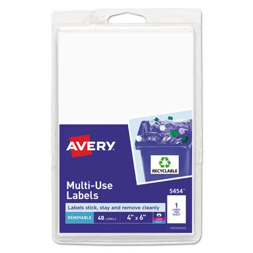 Removable Multi-Use Labels, Inkjet-Laser Printers, 4 X 6, White, 40-Pack, (5454) 1