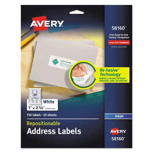 Repositionable Address Labels W-Surefeed, Inkjet-Laser, 1 X 2 5-8, White, 750-Bx 1