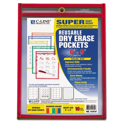 Reusable Dry Erase Pockets, 6 X 9, Assorted Primary Colors, 10-Pack 1
