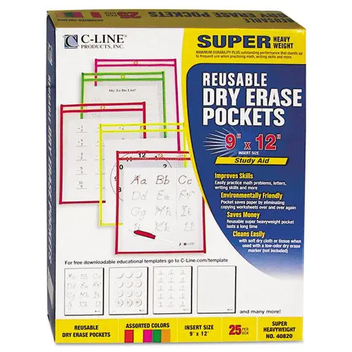 Reusable Dry Erase Pockets, 9 X 12, Assorted Neon Colors, 25-Box 1