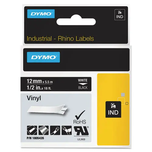 Rhino Permanent Vinyl Industrial Label Tape, 0.5" X 18 Ft, Black-White Print 1