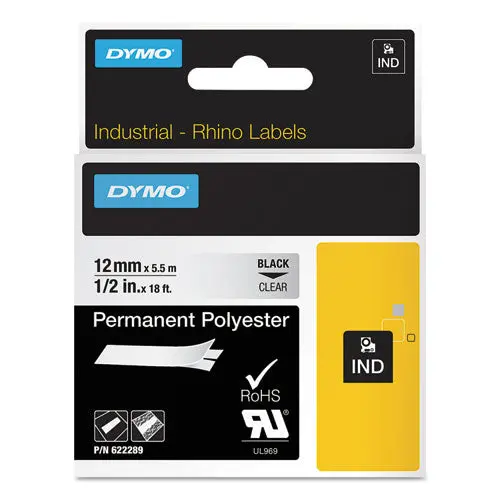 Rhino Permanent Vinyl Industrial Label Tape, 0.5" X 18 Ft, Clear-Black Print 1