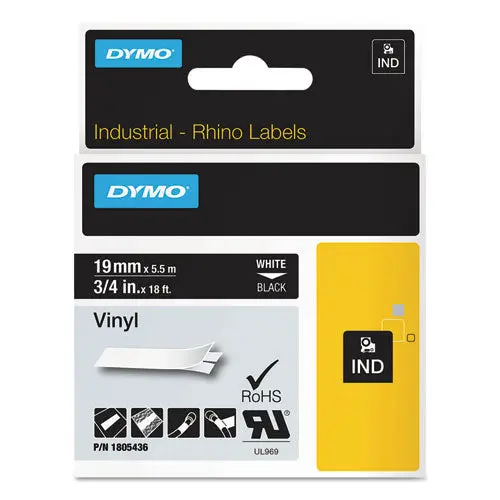 Rhino Permanent Vinyl Industrial Label Tape, 0.75" X 18 Ft, Black-White Print 1