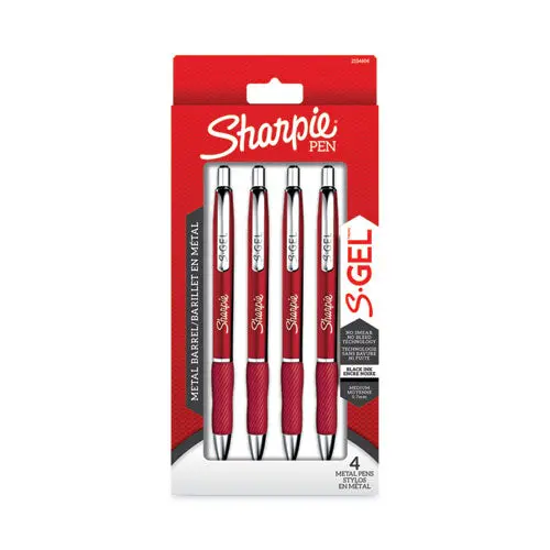 S-Gel Premium Metal Barrel Gel Pen, Retractable, Medium 0.7 Mm, Black Ink, Red Barrel, 4-Pack 1