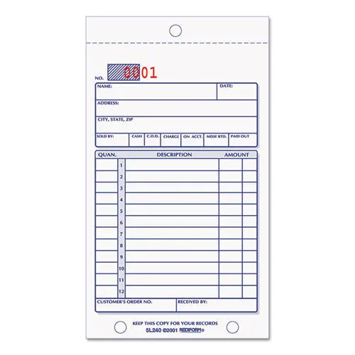 Sales Book, 3-5-8 X 6 3-8, Carbonless Duplicate, 50 Sets-Book 1