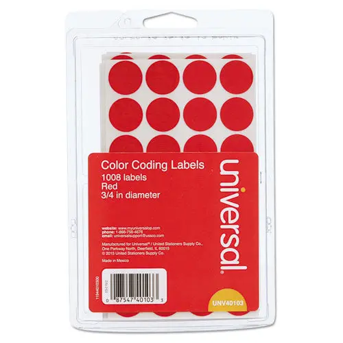 Self-Adhesive Removable Color-Coding Labels, 0.75" Dia., Red, 28-Sheet, 36 Sheets-Pack 1