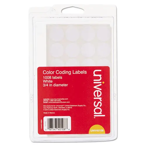 Self-Adhesive Removable Color-Coding Labels, 0.75" Dia., White, 28-Sheet, 36 Sheets-Pack 1
