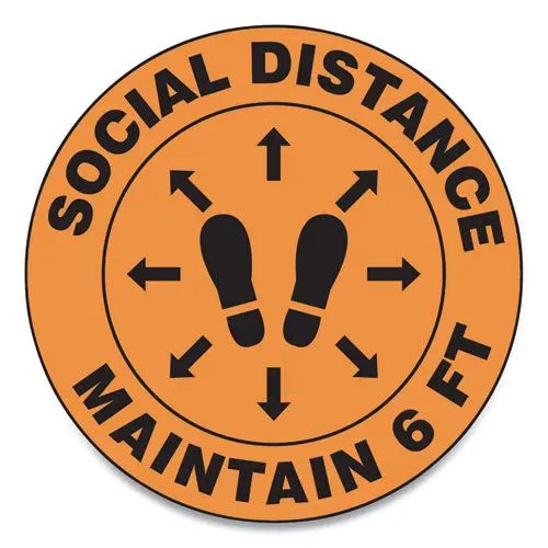 Slip-Gard Social Distance Floor Signs, 12" Circle, "Social Distance Maintain 6 Ft", Footprint, Orange, 25-Pack 1