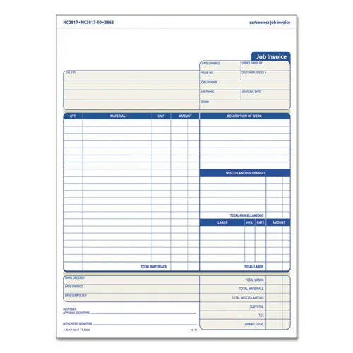 Snap-Off Job Invoice Form, 8 1-2 X 11 5-8, Three-Part Carbonless, 50 Forms 1