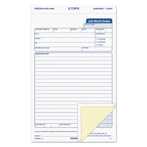 Snap-Off Job Work Order Form, 5 2-3" X 8 5-8", Three-Part Carbonless, 50 Forms 1