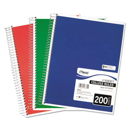 Spiral Notebook, 5 Subjects, Medium-College Rule, Assorted Color Covers, 11 X 8, 200 Sheets 1