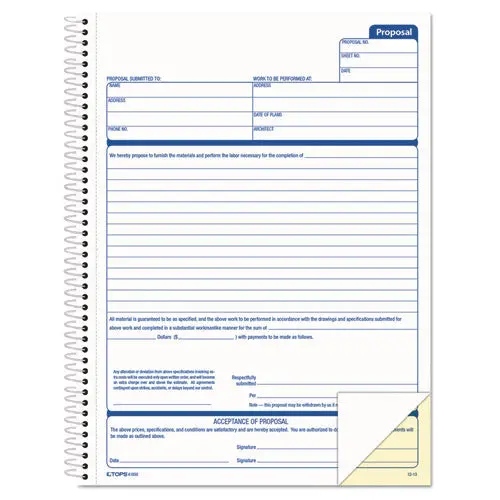 Spiralbound Proposal Form Book, 8 1-2 X 11, Two-Part Carbonless, 50 Sets-Book 1