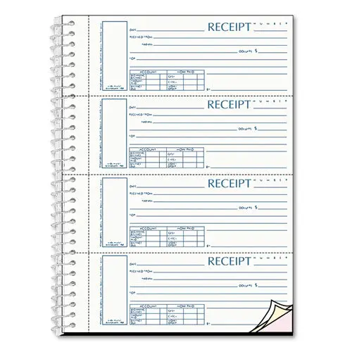 Spiralbound Unnumbered Money Receipt Book, 7 X 2 3-4, Three-Part, 120 Sets-Book 1