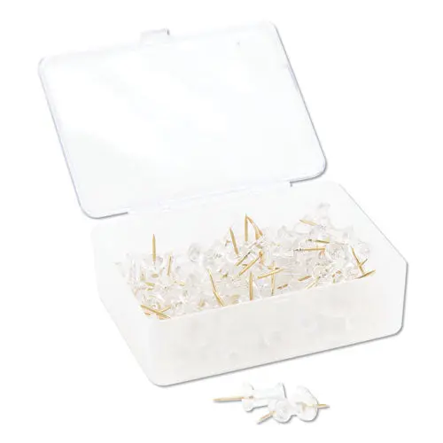 Standard Push Pins, Plastic, Clear, Gold Pin, 7-16", 100-Pack 1
