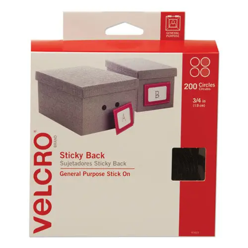 Sticky-Back Fasteners, Removable Adhesive, 0.75" Dia, Black, 200-Box 1