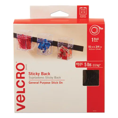 Sticky-Back Fasteners With Dispenser, Removable Adhesive, 0.75" X 15 Ft, Black 1