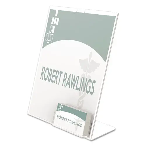 Superior Image Slanted Sign Holder With Business Card Holder, 8.5W X 4.5D X 11H, Clear 1