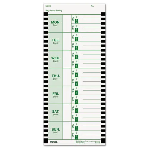 Time Card For Lathem Model 800P, 4 X 9, Weekly, 1-Sided, 100-Pack 1