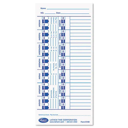 Time Card For Lathem Models 900E-1000E-1500E-5000E, White, 100-Pack 1