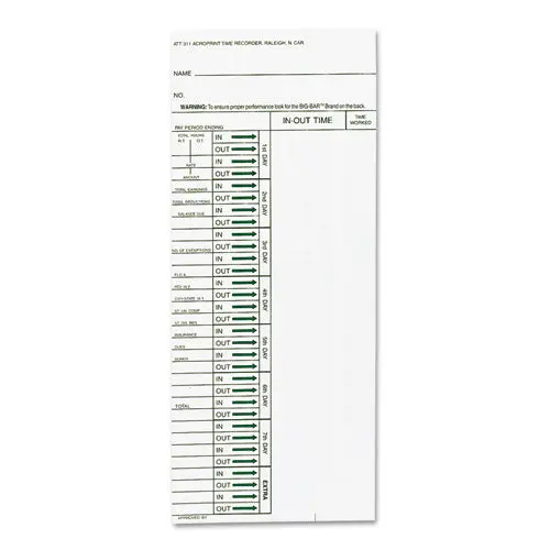 Time Card For Model Att310 Electronic Totalizing Time Recorder, Weekly, 200-Pack 1