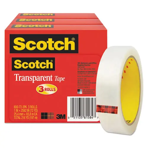 Transparent Tape, 3" Core, 1" X 72 Yds, Transparent, 3-Pack 1
