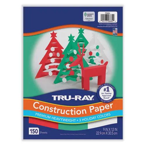 Tru-Ray Construction Paper, 70 Lb Text Weight, 9 X 12, Assorted Holiday Colors, 150/Pack 1