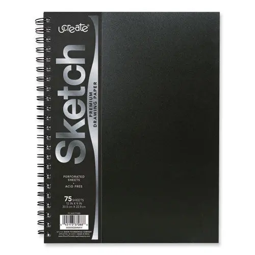 Ucreate Poly Cover Sketch Book, 43 Lb Cover Paper Stock, Black Cover, 75 Sheets Per Book, 12 X 9 Sheets 1