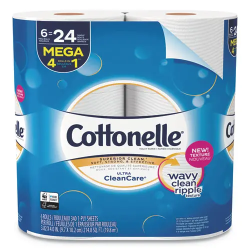 Ultra Cleancare Toilet Paper, Strong Tissue, Mega Rolls, Septic Safe, 1-Ply, White, 340 Sheets-Roll, 6 Rolls-Pack, 6 Packs-Ct 1