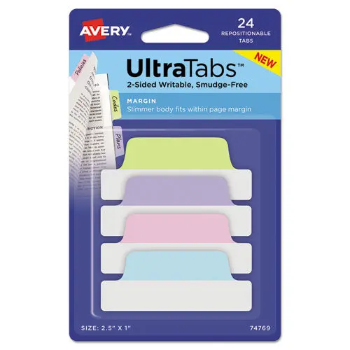 Ultra Tabs Repositionable Margin Tabs, 1-5-Cut Tabs, Assorted Pastels, 2.5" Wide, 24-Pack 1