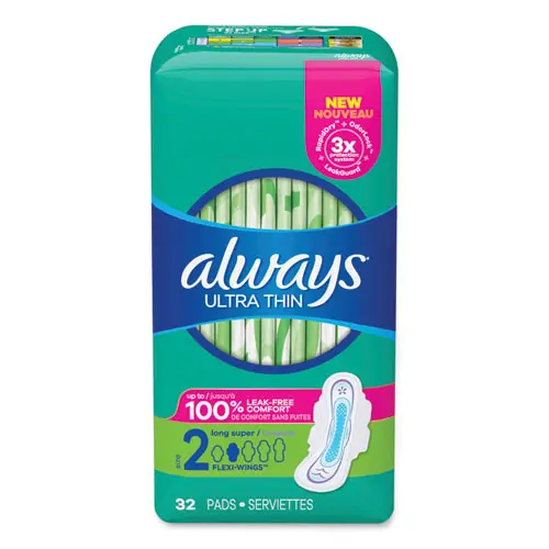 Ultra Thin Pads With Wings, Size 2, Long, Super Absorbent, 32-Pack, 3 Packs-Carton 1