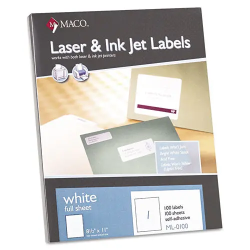 White Laser-Inkjet Full-Sheet Identification Labels, Inkjet-Laser Printers, 8.5 X 11, White, 100-Box 1