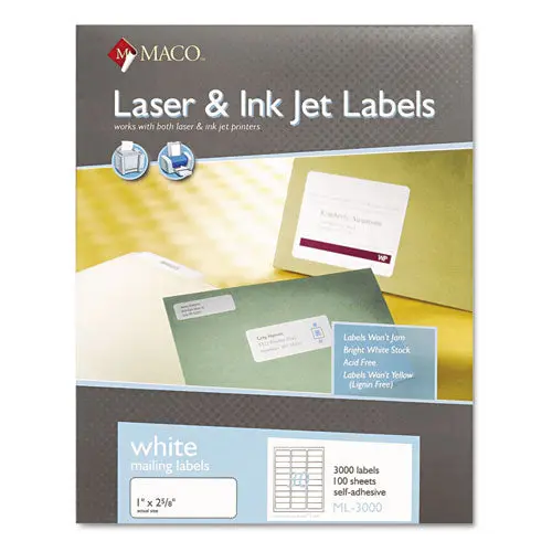 White Laser-Inkjet Shipping And Address Labels, Inkjet-Laser Printers, 1 X 2.63, White, 30-Sheet, 100 Sheets-Box 1