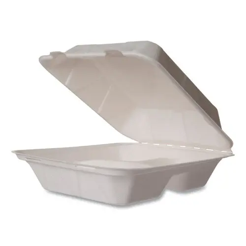White Molded Fiber Clamshell Containers, 3-Compartment, 8 X 17 X 2, White, Sugarcane, 200/Carton 1