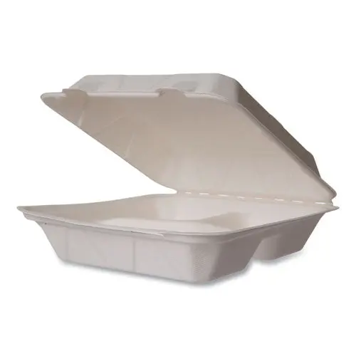 White Molded Fiber Clamshell Containers, 3-Compartment, 9 X 18 X 2, White, Sugarcane, 200/Carton 1
