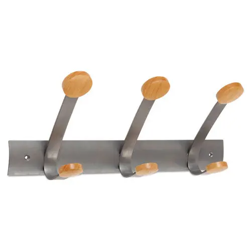 Wooden Coat Hook, Three Wood Peg Wall Rack, Brown-Silver 1