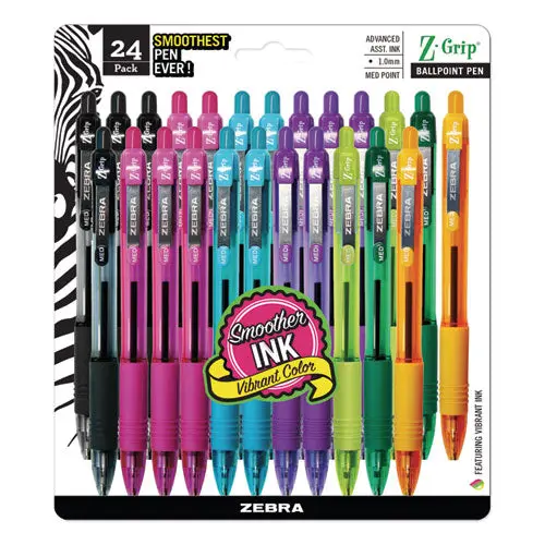 Z-Grip Retractable Ballpoint Pen, 1 Mm, Assorted Ink, Clear Barrel, 24-Pack 1
