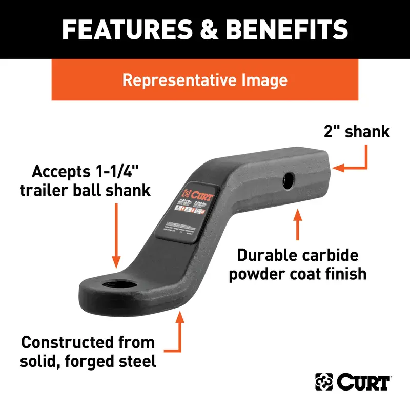 Curt 45340 Heavy-Duty Forged Ball Mount – 2" Shank, 17,000 Lb Capacity, 2" Drop, 8.5" Length 1