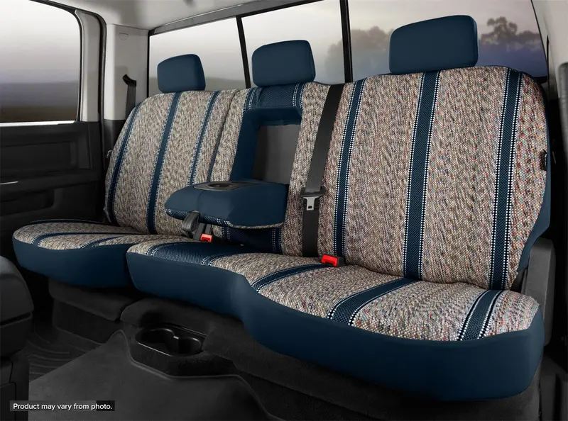 Fia Custom Seat Covers – Navy Wrangler-Themed Fabric, Tailored Fit 1